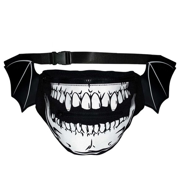Skull Vampire Fangs Black Bat Wings Gothic Punk Hip Pouch NWT - Picture 1 of 3